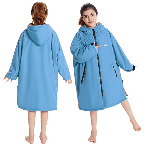 Image of Hiturbo Warm Kids Swim Parka: Waterproof Changing Robe - Oversize Swimming Coat - Hooded Surf Poncho - Thick Lining (7-14Y)