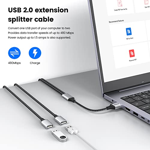MOGOOD USB Extension Cable, USB Splitter USB-A Male to 2 Female Extension Cable, Durable USB Splitter Cable, Nylon Braid - Image 3