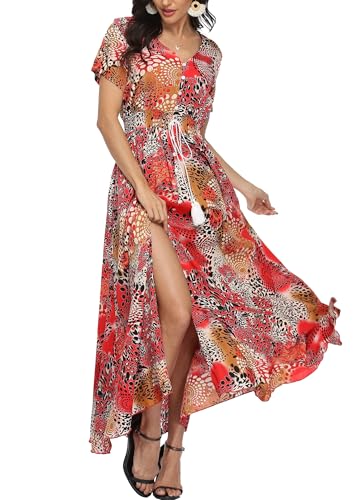 Image of VintageClothing Women's Floral Maxi Dresses Boho Button Up Split Summer Casual Long Dress Beach Party Dress