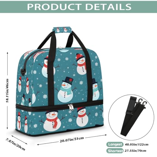 Foldable Carry On Bag for Travel, Expandable Duffle Bag with Shoe Compartment, Cute Snowman Pattern Lightweight Sports Gym Tote with Trolley Sleeve2
