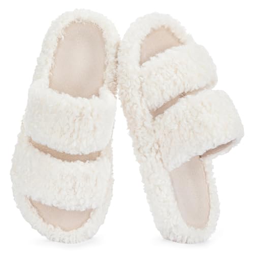 Image of RockDove Women's Pluffie Open Toe Slippers | Arch Support & Memory Foam, Cozy Faux Fur, Gift-Ready Design, Indoor & Outdoor Comfort