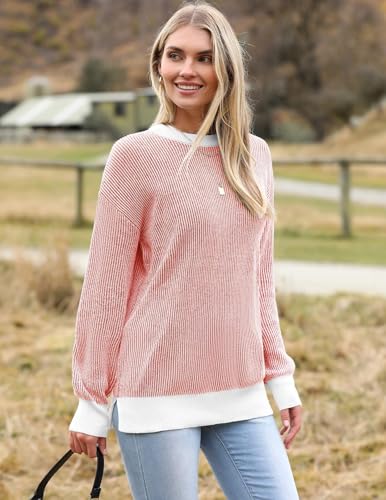 Image of Zeagoo Women 2026 Fall Lightweight Oversized Sweater Crew Neck Long Sleeve Color Block Pullover Rib Knit Blouse Tops XS-2XL