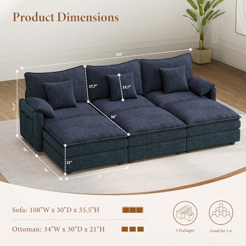Image of Vesgantti 108 inch Sectional Sleeper Sofa, 6-Seater Oversized Modular Cloud Couch with Movable Ottoman, Chenille Large Sofa Bed Convertible Deep Seat Couches for Living Room, Bedroom and Apartment, Blue