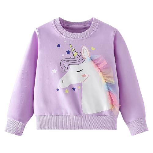 Pilipulu Sweatshirt Mädchen Pullover Kinder Mädchen Baumwolle Langarmshirt Einhorn Häschen Warm Tops 2-8 Jahre, Einhorn/Lila, 116