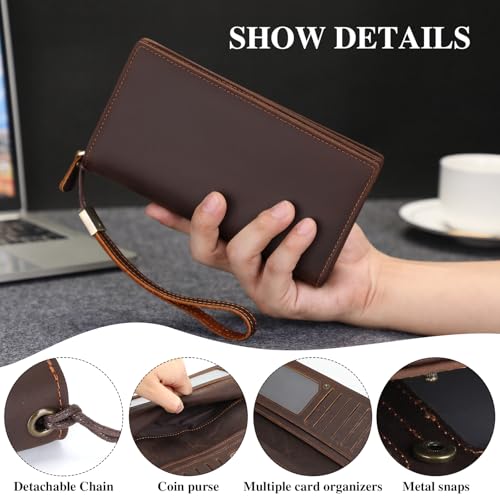 BAIGIO Genuine Leather Long Wallet for Men Bifold Wallet RFID Blocking Multi Card Purse with Zipper Wallet for Men Brown3