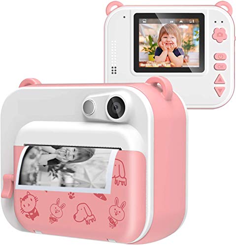 Kids Instant Camera Print Ink-free Film-free 800MP Camera 1080P HD Video with 2 Inch Screen Black&White Photo Portable Digital Creative Camera with 3 Rolls of Printing Paper Gift for Boys Girls (Pink)