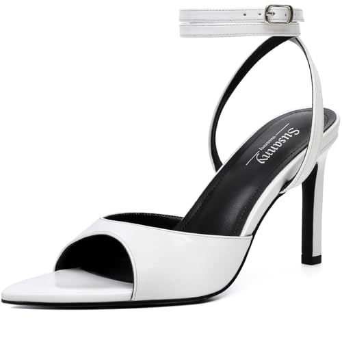 Susanny High Heels for Women Pointed Open Toe Strappy Chunky Block Heels Ankle Strap Stiletto Kitten Heeled Sandals Wedding Bridal Party Prom Sexy Dress Shoes