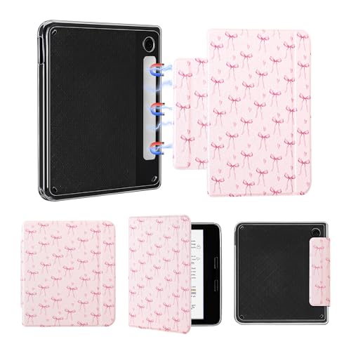 Vane Oak Magnetic Detachable Case for Kobo Libra 2 (2021) Slim PU Leather Case and Ultra Clear TPU Back Cover with Auto Wake/Sleep Pink Bow Tie