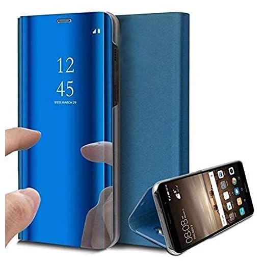 Caler Case Compatible con Samsung Galaxy S7 Edge Funda Cuero PU Espejo Brillante Clear View Modelo Fecha Duro Cover Flip Tapa Libro Soporte Plegable Ventana de Espejo Transparente Carcasa(Azul)