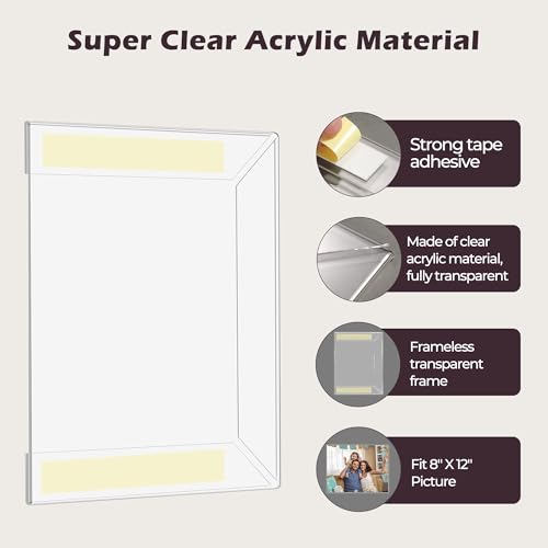 Image of 8 x 12 Acrylic Picture Frame, Horizontal /Vertical Clear Photo Frame for Wall with Tape, No Drilling Floating Hanging Frameless Picture Frame, Wall Mount Sign Holder 8x12 for Home, School, Office