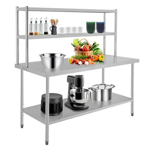 72 in X 30 in Stainless Steel Table with Overshelves, NSF Work Tables Shelf, Metal Table Prep Table- for Home Kitchen Restaurant Garage Warehouse