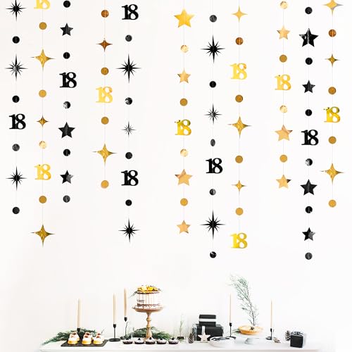 Image of Black Gold 18th Birthday Decorations Number 18 Circle Dot Twinkle Star Garland Streamer Banner Backdrop for Girls Boys Happy 18th Birthday Time to Adult Cheers to 18 Years Old Anniversary Party Deocr