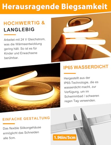 Lamomo COB LED Streifen, Warmweiss Dimmbar 3M LED Strip mit Fernbedienung, 3000K Selbstklebend Wasserdicht Neon Led Leiste, 10mm Breit, Silikon Flexibel Lichtleiste für Innen Schrank Deko, CRI90+