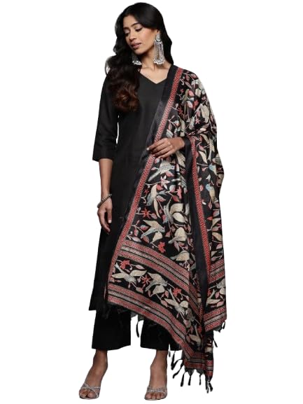 varanga Women Solid Black V Neck Straight Kurta Set With Printed Dupatta-picture-12