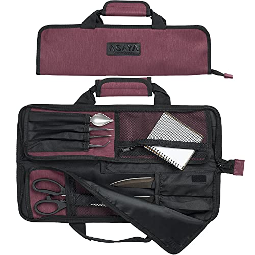 Asaya Chef Knife Roll Bag - 12 Pockets for Knives and Kitchen Utensils - Lightweight, Durable, and Stain Resistant Nylon - Perfect for the Traveling Chef - Knives not Included (Red)