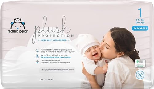 Image of Amazon Brand - Mama Bear Plush Protection Diapers, Hypoallergenic Premium Disposable, Size 1, 54 Count, Chlorine-Free, Fragrance-Free, Leak Protection, Wetness Indicator