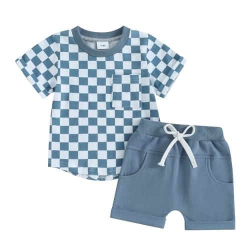 Toddler Baby Boy Girl Summer Clothes Checkerboard Print Short Sleeve T-Shirt Tee Tops Rolled Shorts Infant Outfits (A- Blue, 12-18 Months)