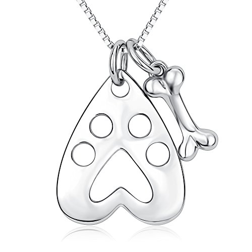 YFN Dog Paw Bone Heart Pendant Sterling Silver Necklace Box Chain 18