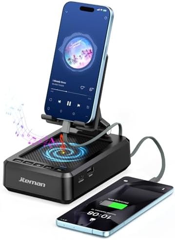 Jteman Cell Phone Stand Bluetooth Speaker with Built-in Cables,Foldable Adjustable Holder,All-in-One Audio Stand for iPhone Android,Birthday Gifts for Men Women