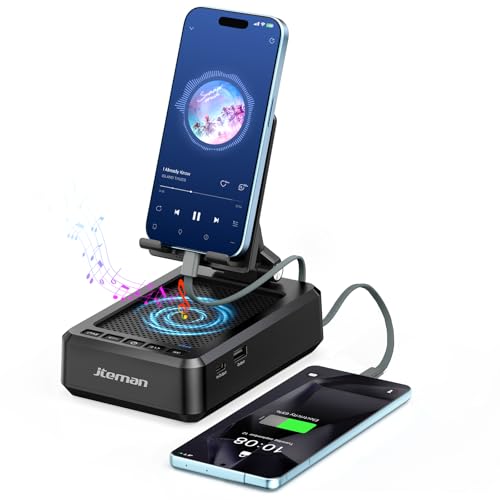 Jteman Cell Phone Stand Bluetooth Speaker with Built-in Cables,Foldable Adjustable Holder,All-in-One Audio Stand for iPhone Android,Birthday Gifts for Men Women