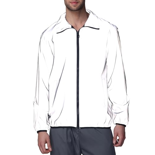 LZLRUN Mens Reflective Jacket Windbreakers Rave High Visibility Holographic Coat Outfit