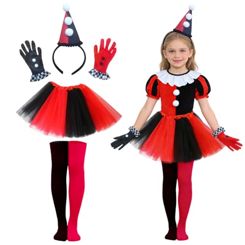 Vexthorion Clown Costume Kit 4Pcs Clown Headband Costume Accessory Tulle Skirt Gloves Over-The-Knee Socks Clothing For Circus Performance And Carnival Celebration
