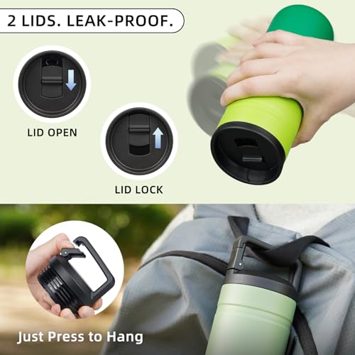 Image of BJPKPK 20 oz Insulated Travel Water Bottle, Coffee Tumbler Stainless Steel | Double Wall Vacuum, Leakproof, Thermal, Keeps Hot /Cold, Dishwasher Safe, Spill Proof, Wide Mouth, 2 Lids, Matcha Green