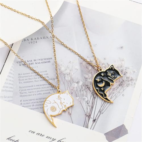 Image of Charm Stainless Steel Black White Cat Necklace 2Pcs Matching Couple Pendant BFF Jewelry Gift for Women
