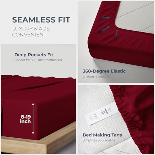 Image of THREAD SPREAD 100% Egyptian Cotton Sheets Queen Size - Luxury 1500 Series Queen Sheet Set Egyptian Cotton (4 PC, Burgundy), Silky Soft, Sateen Weave, Cooling & Breathable, 17 inch Deep Pocket Bed Set