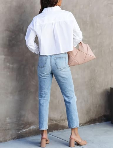 INFITTY Women's Button Down Cropped Shirts Long Sleeve Casual Crop Tops Loose Fit Cotton Lapel Blouse Fall4