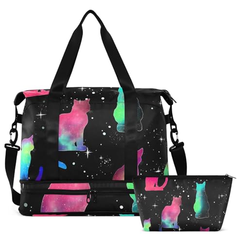 ALAZA Sports Duffel Bags with Toiletry Bag Set,Dreamy Cat Pattern Travel Duffel Bags Multi Pockets Weekend Bag