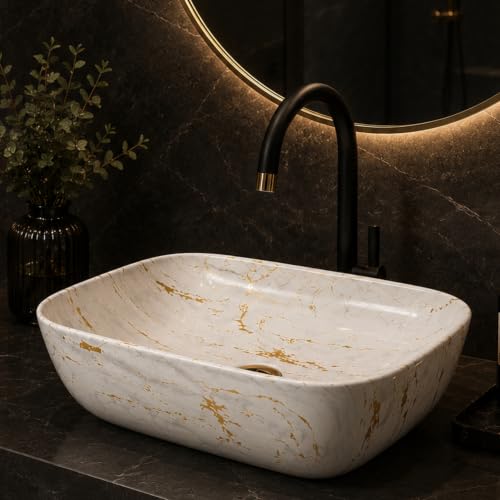 Image of Ceramic Tabletop Wash Basin - Glossy Rectangular Countertop Vessel Sink with Marble Finish for Bathroom & Vanity | Compact 18 x 13 x 5 Inch | Elegant Washbasin