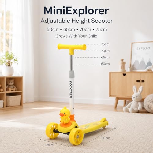 Image of MiniExplorer Zoomie Kids Kick Scooter with LED Wheels, 3 Wheel Scooter for Boys & Girls, Adjustable Height Handle, Foldable Lightweight Scooter for Kids Age 3+ Years - Duck