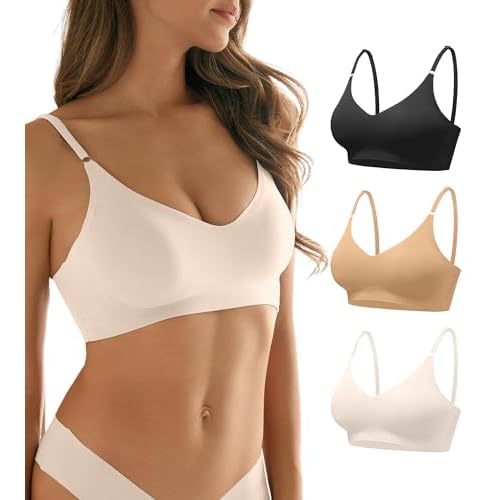 DEANGELMON V Neck Bra Padded Seamless Adjustable Straps Bralettes Everyday Basic Sleeping Bras Multiple Pack New Version-black,beige,nude X-Large