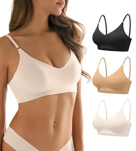 Image of DEANGELMON V Neck Bra Padded Seamless Adjustable Straps Bralettes Everyday Basic Sleeping Bras Multiple Pack