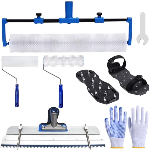 BERXOL 18-Inch Self-Leveling Cement Tool Kit, Upgraded Spike Roller Set with 9-Inch Spike Roller, Epoxy Shoes Spikes & Gloves, Floor Leveling Tools for Epoxy & Concrete Coating (5)