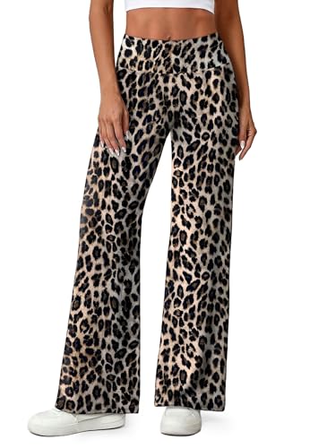 NIASHOT Leopard Pants Women Wide Leg High Waisted Straight Leg Leggings Yoga Palazzo Pants Workout Pilates Outfits Fitness Clothing L