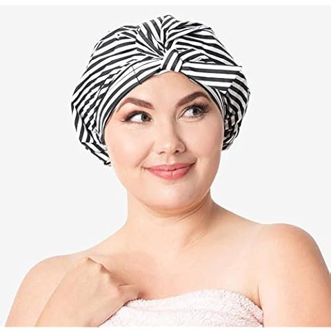 Cospack Shower Cap for Women - Waterproof, Reusable Shower Caps (Black+White) Cover