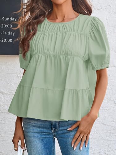 Image of Tankaneo Womens Puff Sleeve Peplum Babydoll Tops Summer Flowy Pleated Cotton T-Shirts Casual Loose Fit Cute Blouse