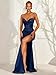 EAURIC 2026 Strapless Satin Mermaid Evening Dress for Women Sweetheart Beaded Prom Gown with Slit for Formal Party EA058 Navy Blue 6