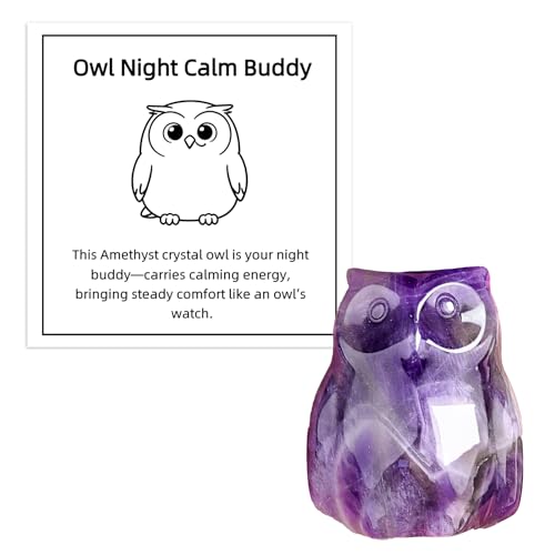 PHIOMUUE Amethyst Crystal Owl Figurine with Card Purple Crystal Owl Statue Home Decor Cute Amethyst Animal Figurines & Healing Crystal Statues for CollectorsC-rystal Figurines Gift