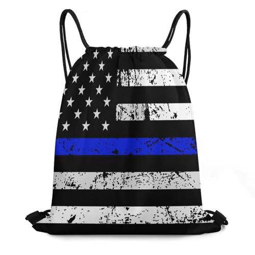 Image of Yoga Drawstring Bag Gym Sackpack String Backpack Waterproof for Sports Beach Swimming Lightweight Men Women, American Thin Blue Line Flag Day Bags