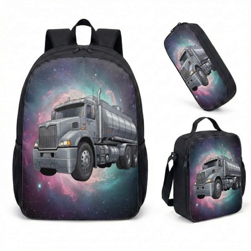 Mochila Silver Semi Truck Space Nebula 43 cm, conjunto de 3 peças, bolsa de viagem resistente com lancheira e estojo, 02, Large, Impressão digital 3D casual