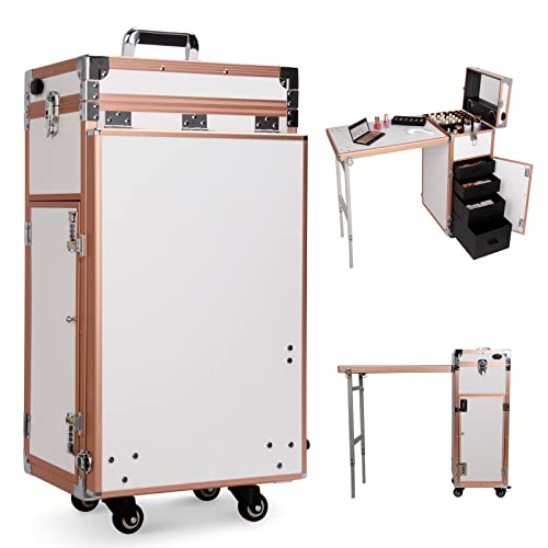 Icoget Portable Rolling Nail Technician Table, Foldable Traveling Nail Desk with Storage, White