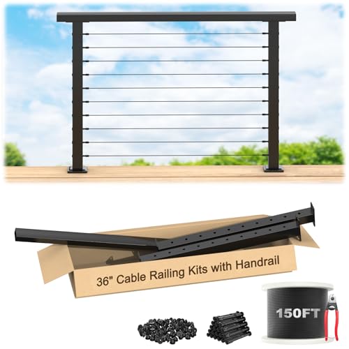 Image of 4ft-8ft Complete Set 36 inch Cable Railing Post with Handrail Cuttable, 2 Pack Surface Mount Flact Top Level-Drilled Posts, 150ft 1 /8 inch Wire Rope, Swageless Black Cable Railing System Kit, MY20-LP