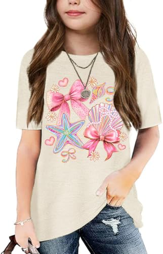Graphic Tees for Girls Kids Summer Tops Crewneck Short Sleeve T Shirt 5-14 Years, 2026-beige-travel, 7-8 Years