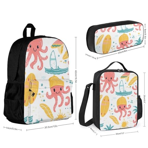 Hawaiian Cartoon Octopus Backpack 3 Set with Lunch Bag Insulated Shoulder Meal Tote Bags Pencil Case Box Casual Daypack2