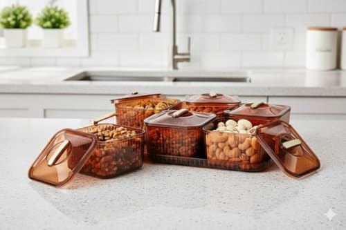 Image of Dry Fruit Serving Set with Tray and Lids, Airtight Container Box, Acrylic Food Grade Candy /Snack Storage for Home /Gifting (6 Pic Set)