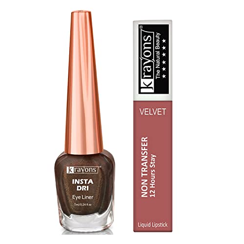 Image of Krayons Insta Dri Sparkling Eyeliner, Brown, 7ml And Power Stay Nontransfer 12hrs Stay Matte Liquid Lipstick, Wow Nude, 4ml