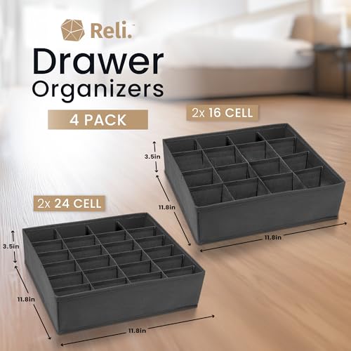 Reli. Sock Organizer (4 Pack) | 16+24 Cell Underwear Organizer | Drawer Dividers for Underwear, Socks, Ties, Belt | Foldable Fabric Storage Bins for Drawer, Closet, Dresser | 11.8 x 11.8 x 3.5 (Gray) - Thumbnail 2